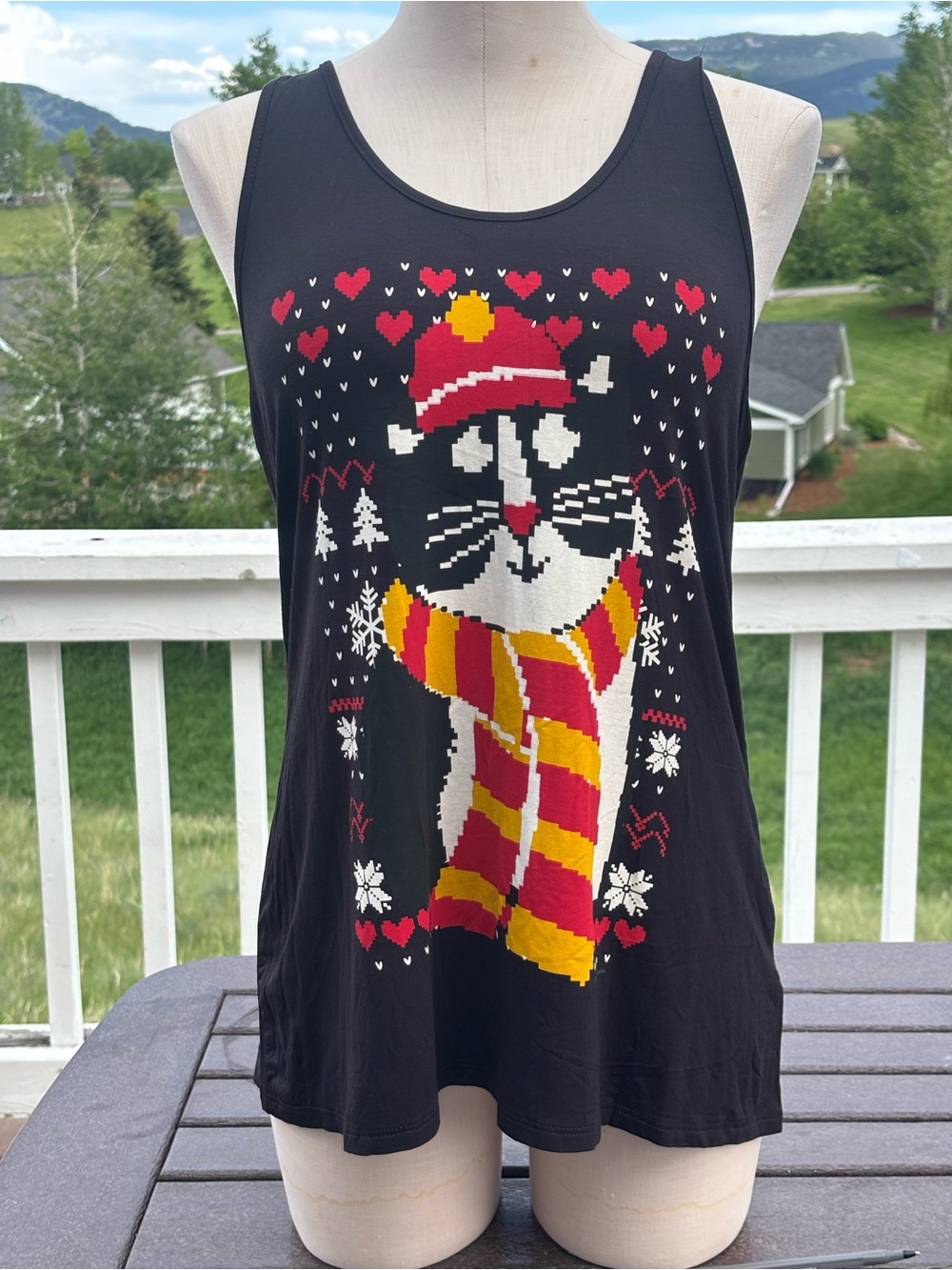 Black Tank Top with Festive Cat Graphic